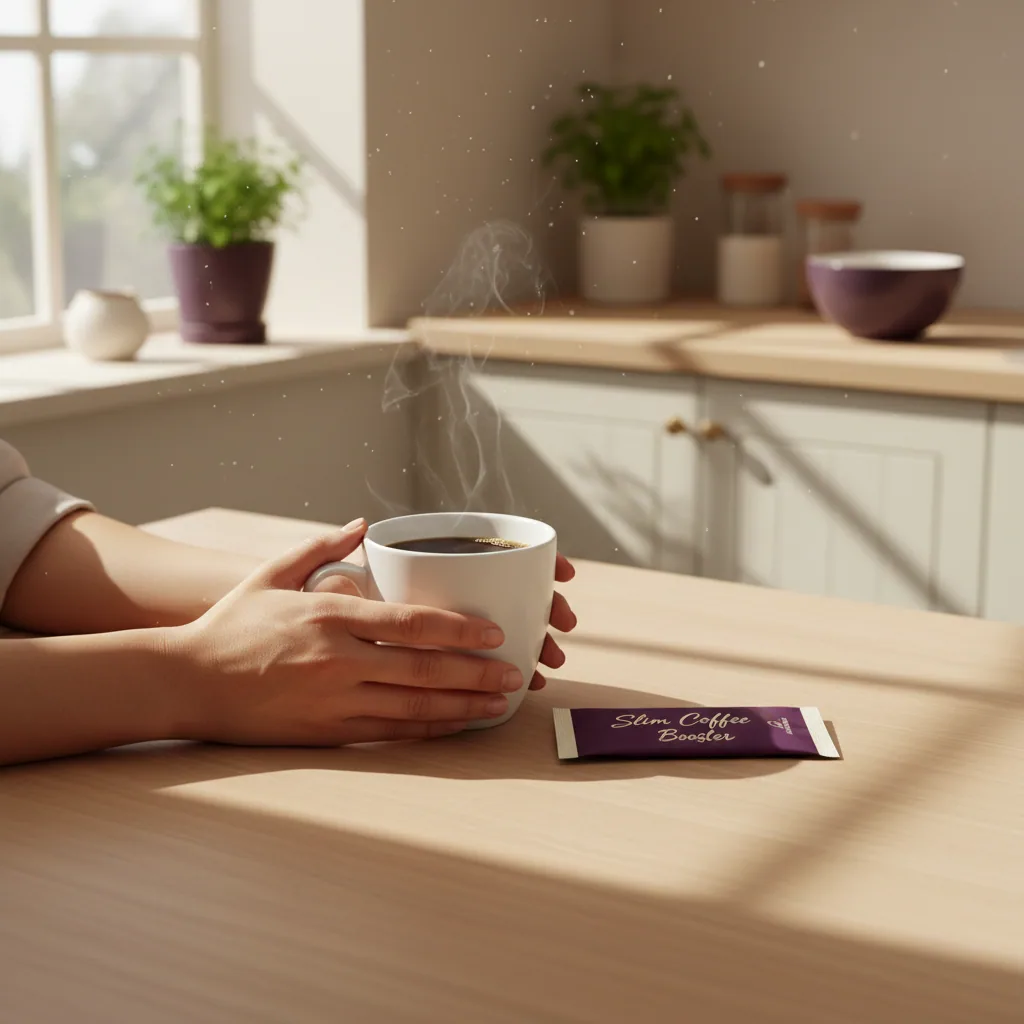A pair of hands holding a white ceramic mug of morning coffee beside a Slim Coffee Booster sachet on a wooden table